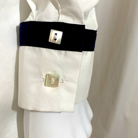 Rani Arabella EUC shirt blouse with navy contrast trim on collar and cuffs, M - Picture 6 of 9